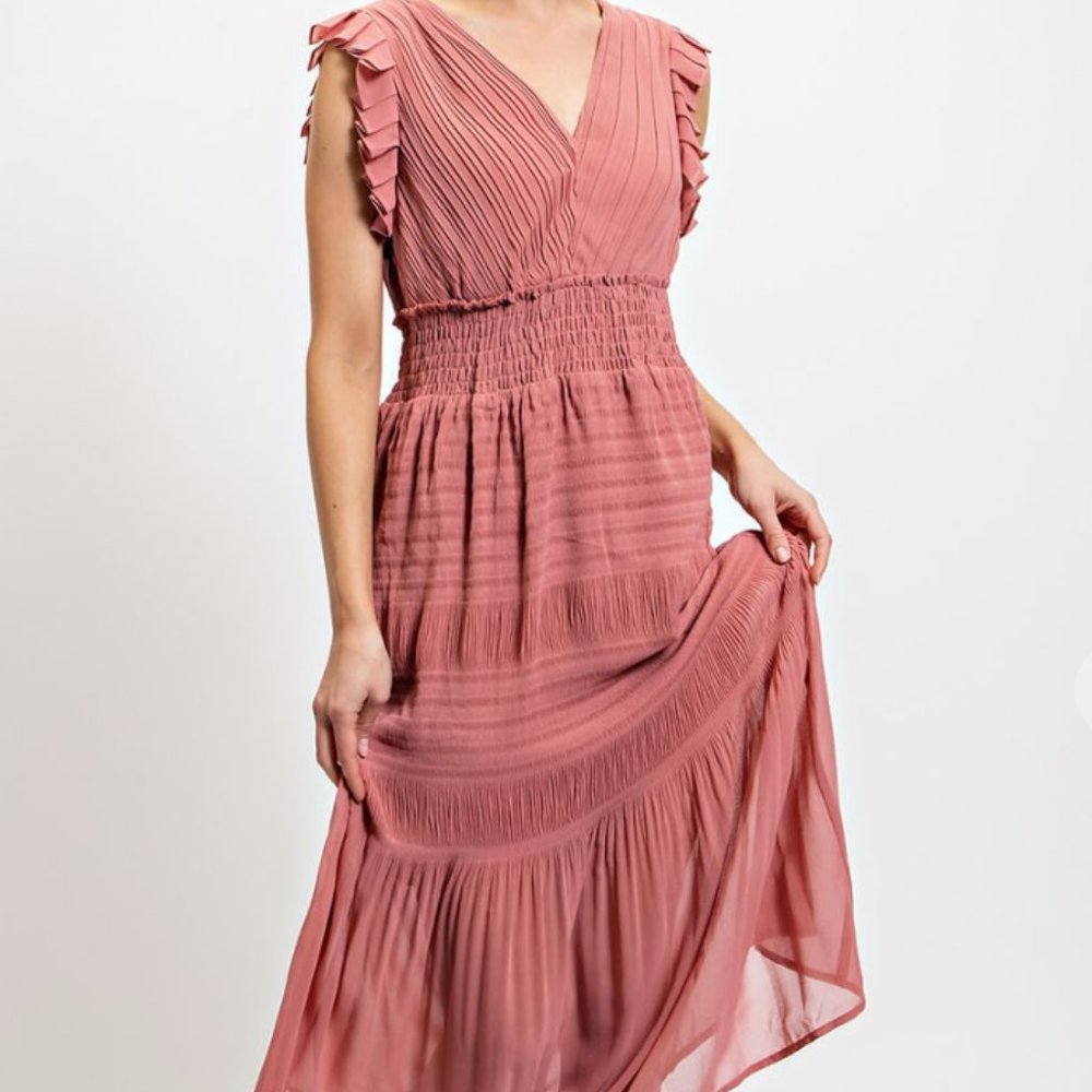 175. Back Tie Pleated Midi Dress with Lining - Picture 1 of 4